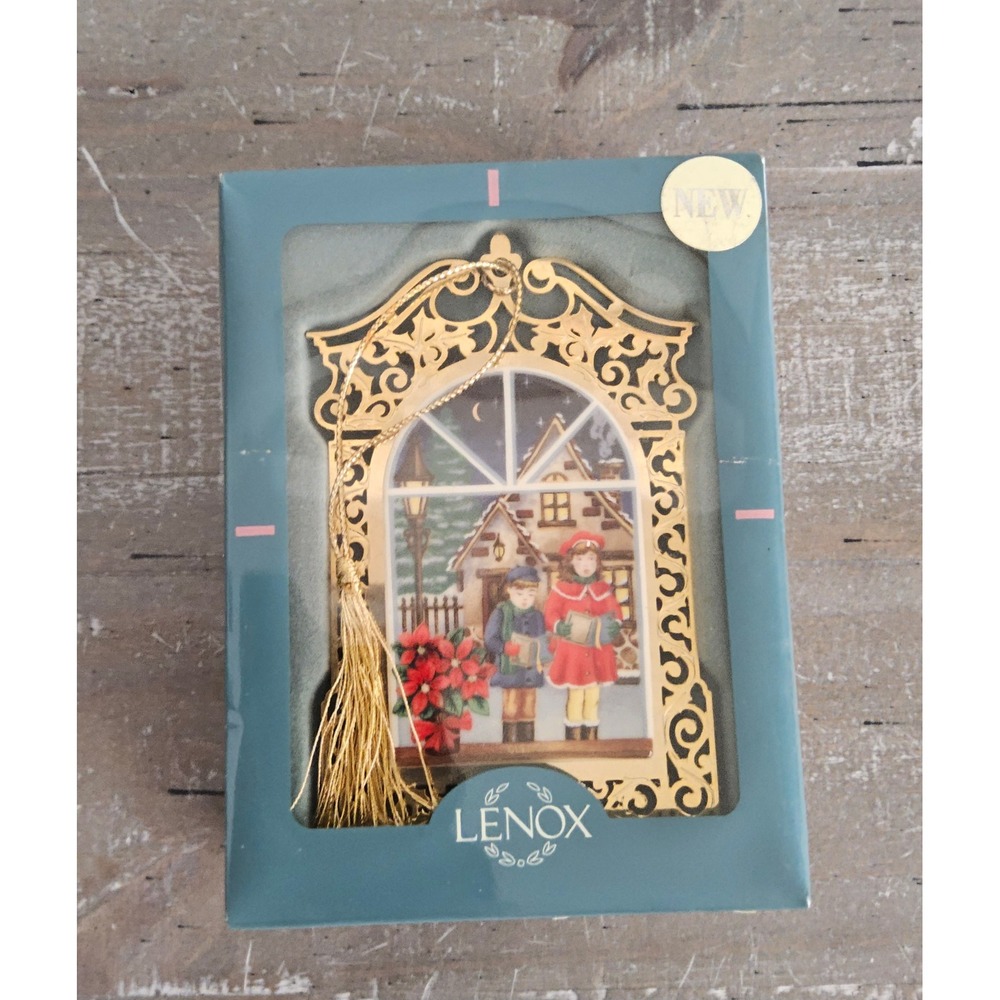 Lenox 1997 Double Sided Christmas Ornament Window Scene Gold Tone w/ Box
